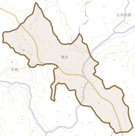 大字鴇子とその周辺の地図。町の範囲を重ねている