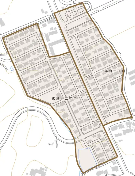広洋台とその周辺の地図。町の範囲を重ねている