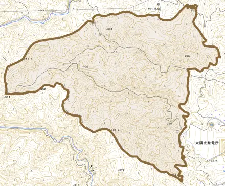 大字折木とその周辺の地図。町の範囲を重ねている