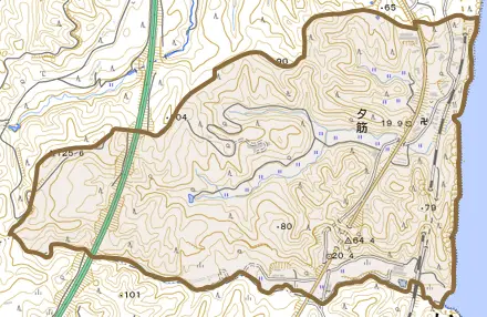 大字夕筋とその周辺の地図。町の範囲を重ねている