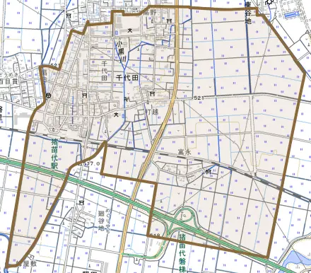 大字千代田とその周辺の地図。町の範囲を重ねている
