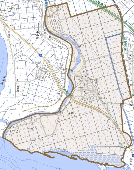 大字金田とその周辺の地図。町の範囲を重ねている
