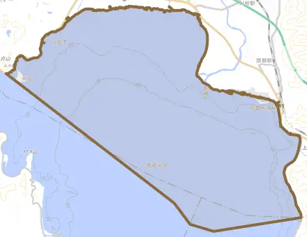 大字堅田とその周辺の地図。町の範囲を重ねている