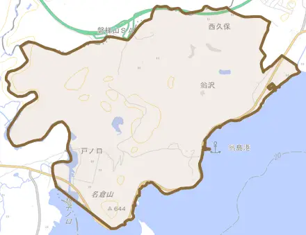 大字翁沢とその周辺の地図。町の範囲を重ねている