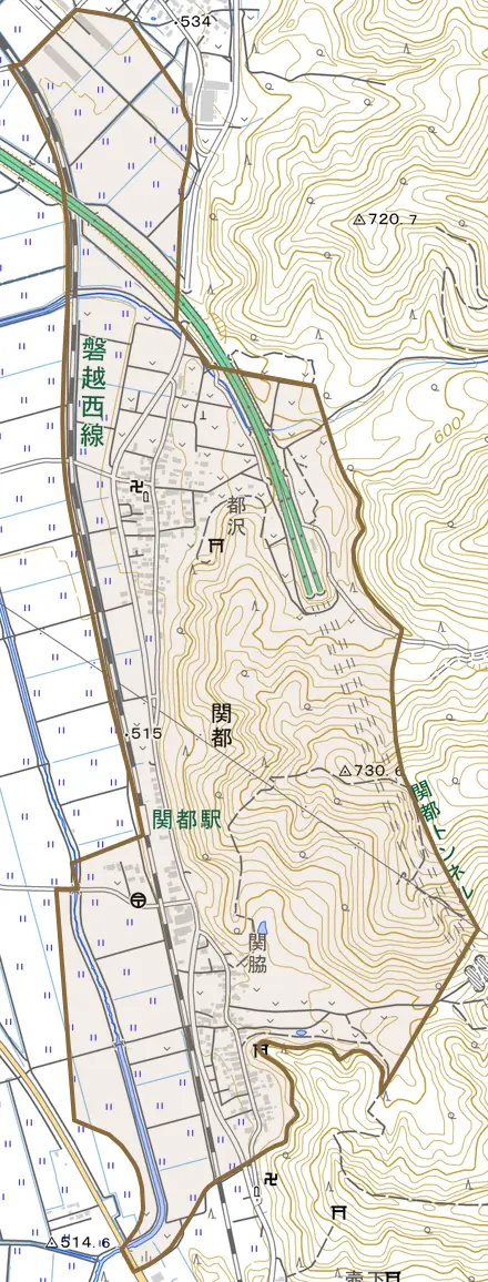 大字関都とその周辺の地図。町の範囲を重ねている