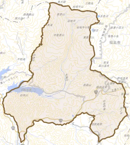 大字若宮とその周辺の地図。町の範囲を重ねている