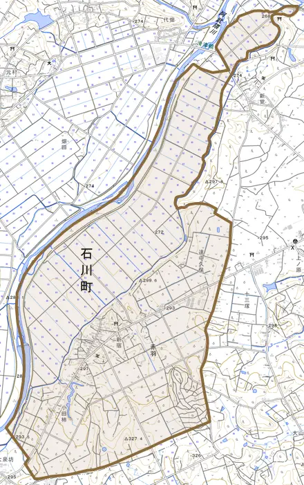 大字赤羽とその周辺の地図。町の範囲を重ねている