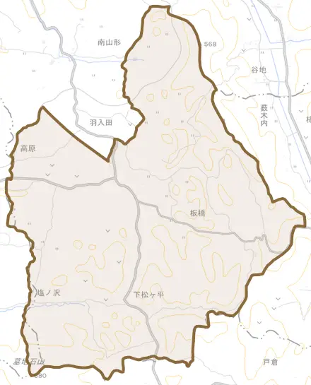 大字板橋とその周辺の地図。町の範囲を重ねている