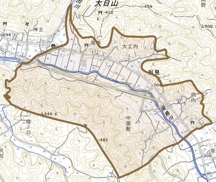 大字形見とその周辺の地図。町の範囲を重ねている
