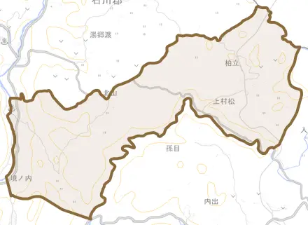 大字北山とその周辺の地図。町の範囲を重ねている