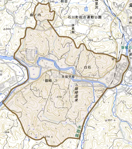 字松木下とその周辺の地図。町の範囲を重ねている