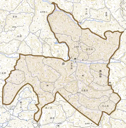 大字南山形とその周辺の地図。町の範囲を重ねている