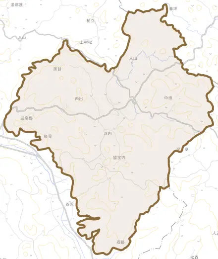 大字中田とその周辺の地図。町の範囲を重ねている