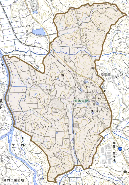 大字中野とその周辺の地図。町の範囲を重ねている