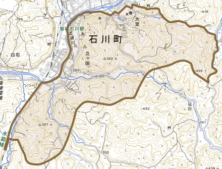 字大室とその周辺の地図。町の範囲を重ねている
