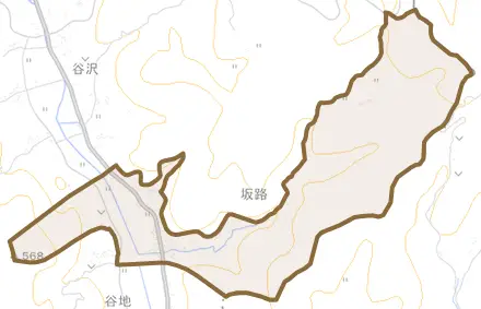 大字坂路とその周辺の地図。町の範囲を重ねている