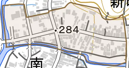 字新町とその周辺の地図。町の範囲を重ねている