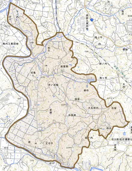 字下ノ内とその周辺の地図。町の範囲を重ねている