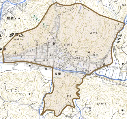 大字双里とその周辺の地図。町の範囲を重ねている