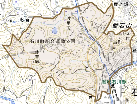 字当町とその周辺の地図。町の範囲を重ねている