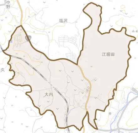 字弥吾とその周辺の地図。町の範囲を重ねている