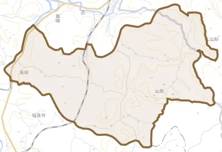 大字山形とその周辺の地図。町の範囲を重ねている