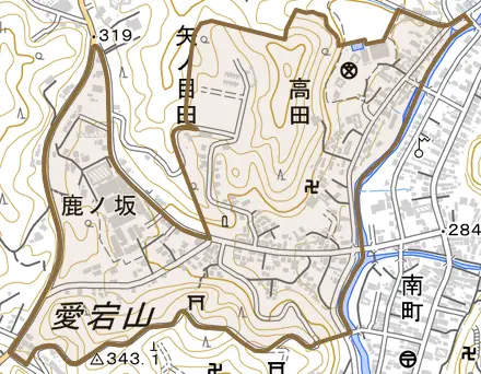 字矢ノ目田とその周辺の地図。町の範囲を重ねている
