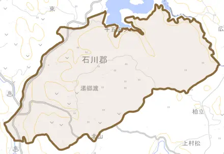 大字湯郷渡とその周辺の地図。町の範囲を重ねている