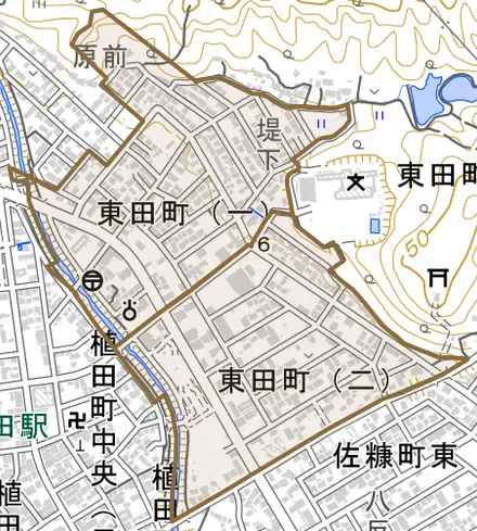 東田町とその周辺の地図。町の範囲を重ねている