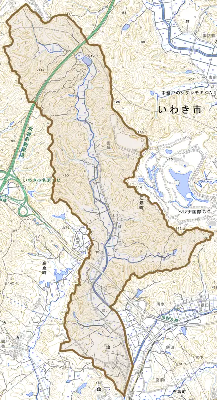 江畑町とその周辺の地図。町の範囲を重ねている