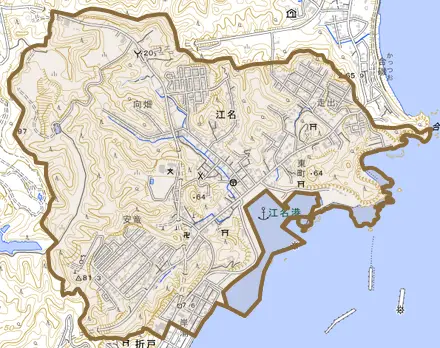 江名とその周辺の地図。町の範囲を重ねている