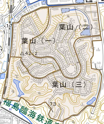 葉山とその周辺の地図。町の範囲を重ねている