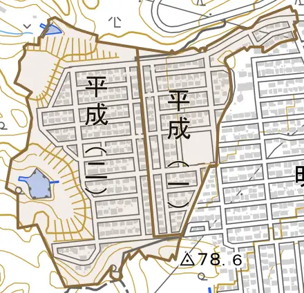 平成とその周辺の地図。町の範囲を重ねている