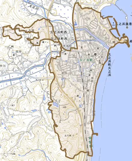 久之浜町久之浜とその周辺の地図。町の範囲を重ねている