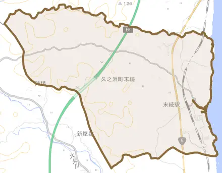 久之浜町末続とその周辺の地図。町の範囲を重ねている