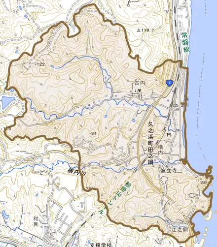 久之浜町田之網とその周辺の地図。町の範囲を重ねている