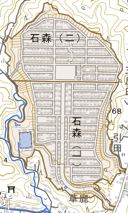 石森とその周辺の地図。町の範囲を重ねている