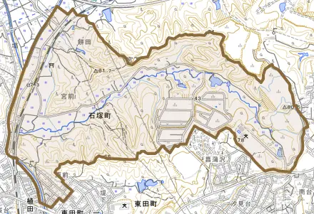 石塚町とその周辺の地図。町の範囲を重ねている