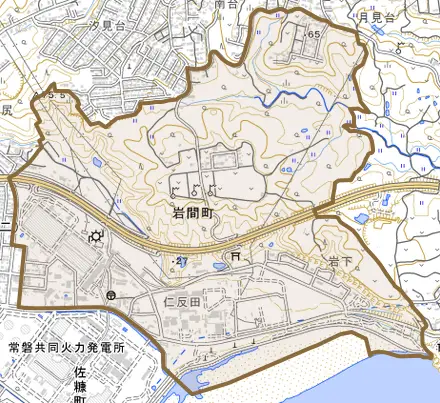 岩間町とその周辺の地図。町の範囲を重ねている