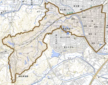 泉町とその周辺の地図。町の範囲を重ねている