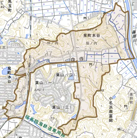 泉町本谷とその周辺の地図。町の範囲を重ねている
