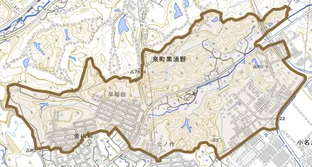 泉町黒須野とその周辺の地図。町の範囲を重ねている