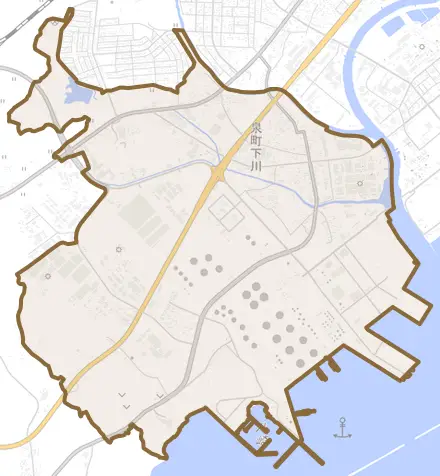 泉町下川とその周辺の地図。町の範囲を重ねている