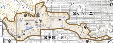 泉町玉露とその周辺の地図。町の範囲を重ねている