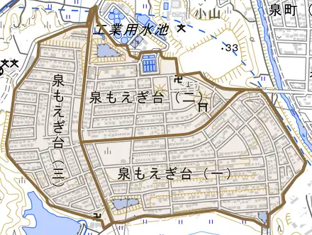 泉もえぎ台とその周辺の地図。町の範囲を重ねている