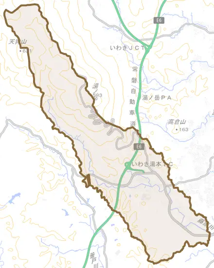 常磐藤原町とその周辺の地図。町の範囲を重ねている