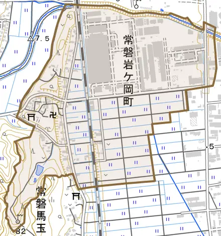 常磐岩ケ岡町とその周辺の地図。町の範囲を重ねている