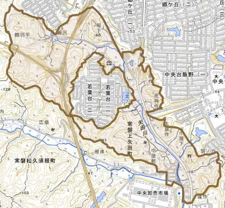 常磐上矢田町とその周辺の地図。町の範囲を重ねている