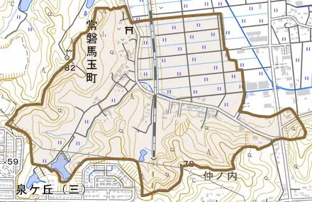常磐馬玉町とその周辺の地図。町の範囲を重ねている