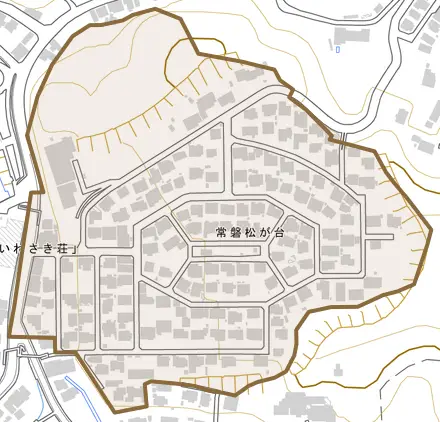 常磐松が台とその周辺の地図。町の範囲を重ねている